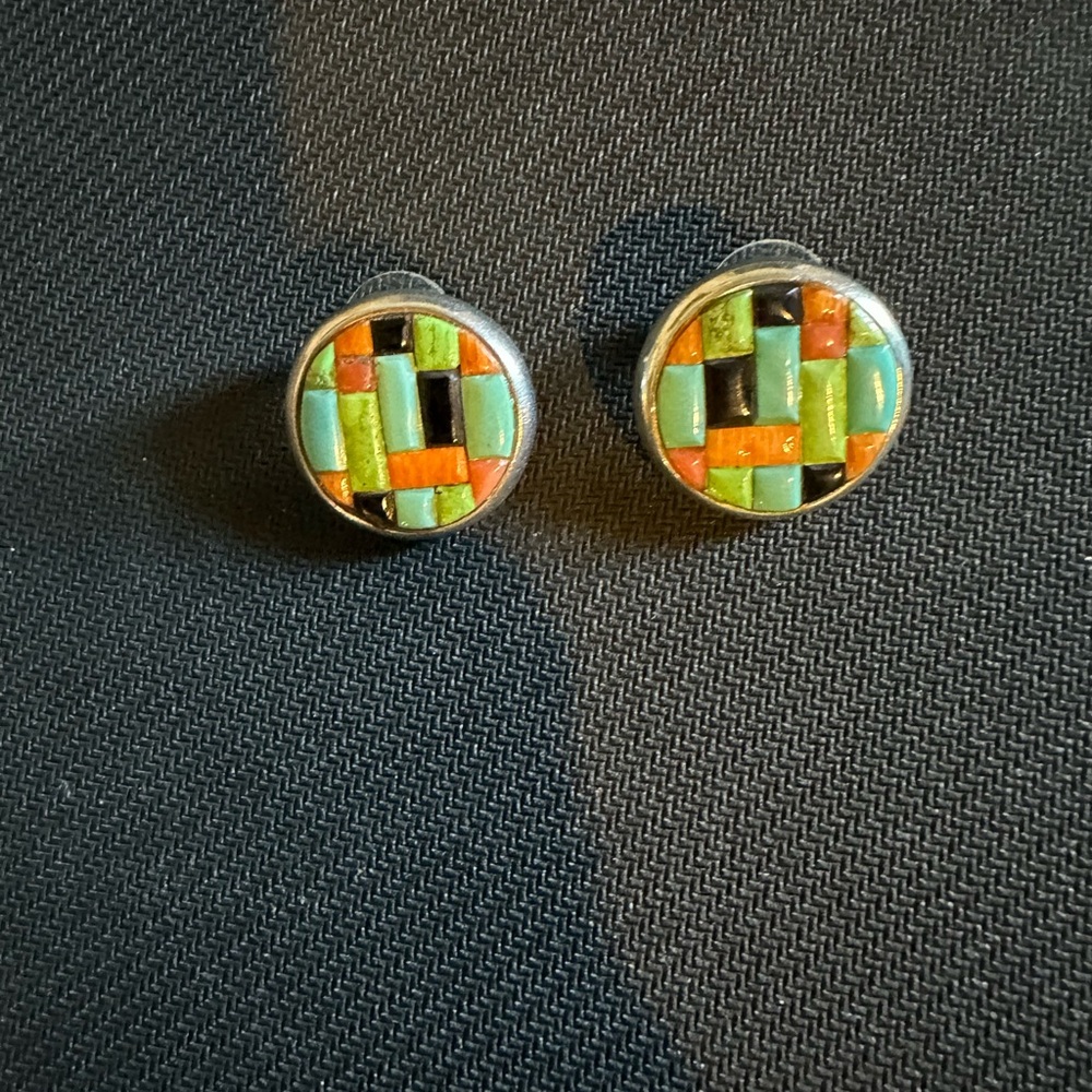 Vintage UniqueHand Crafted Native American Multi-Stone Mosaic Earrings/Sterling